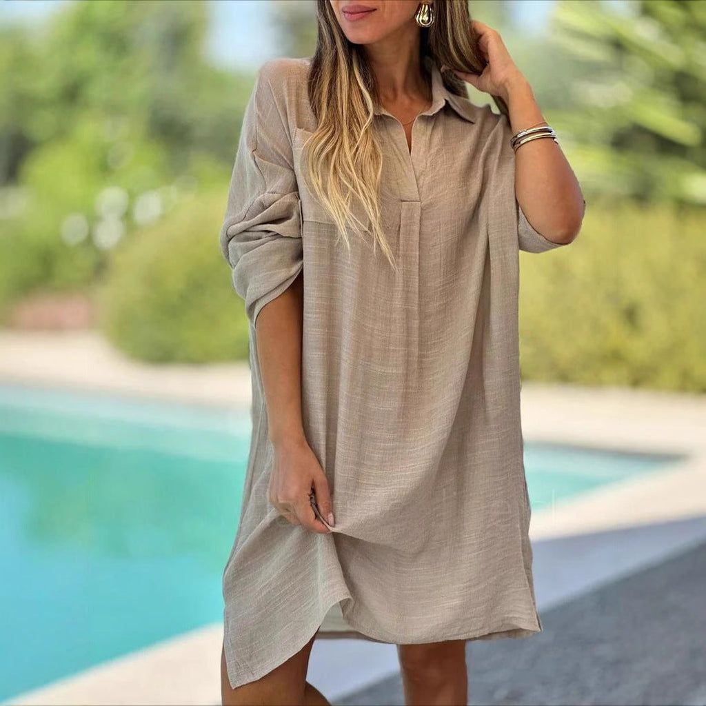 Women's airy summer dress with elegant stand-up collar