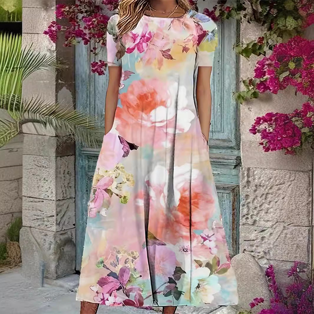Valenzora | Floral Print Spring Summer Short Sleeve Dress