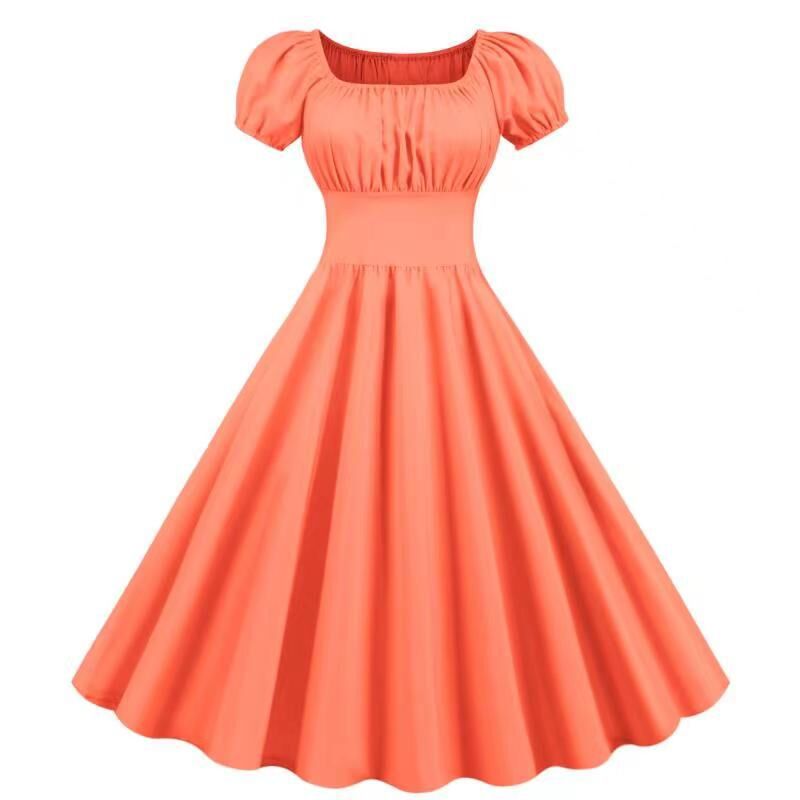 Women's vintage dress with puff sleeves and swing skirt, size