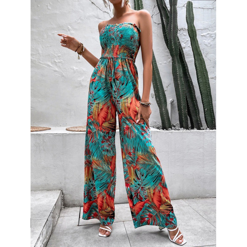 Women's palazzo jumpsuit with floral patterns and elasticated top, size