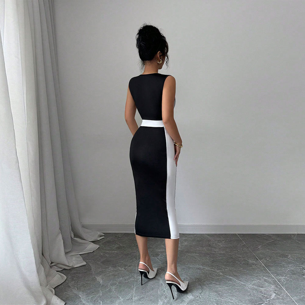 Women's figure-hugging midi dress with elegant color contrast and chic neckline, size [size missing]