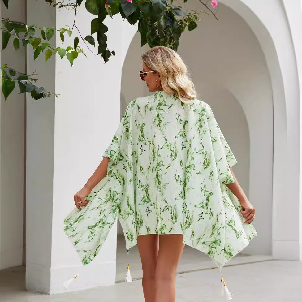 Eleganter Damen-Kimono mit künstlerischem Blumenmuster und Fransen, Größe Valenzora