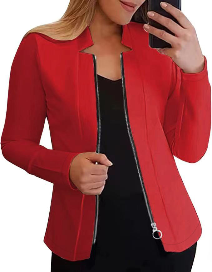 Women's fashionable and elegant biker jacket with a figure-hugging cut and high collar, size [size missing]