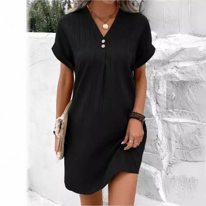 Women's short-sleeved dress with button placket and fine vertical stripe pattern, size