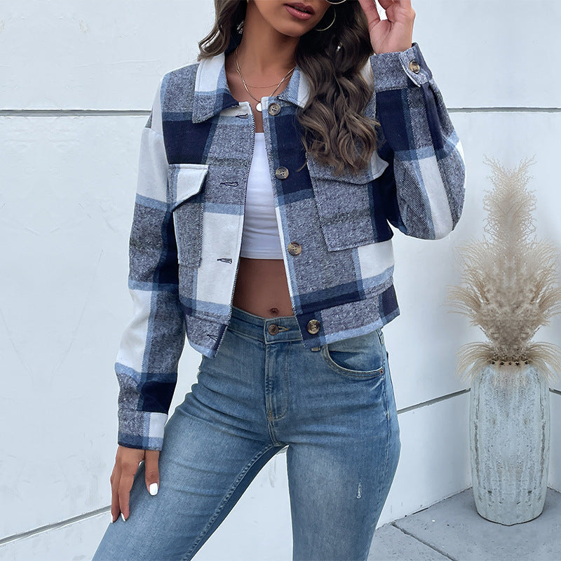 Damen Blousonjacke kariert mit Zierknöpfen und Brusttaschen, Größe
