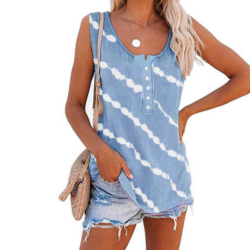 Ärmelloses Damen-Top mit Knopfleiste und modernem Batikmuster, Größe