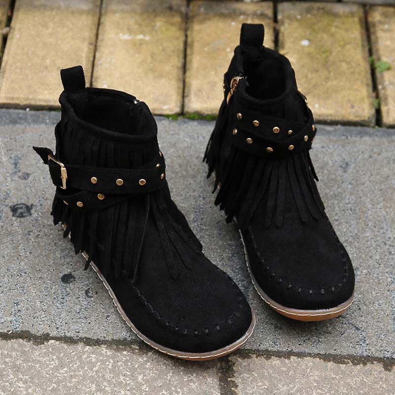 Valenzora | Boho-Stiefeletten mit Fransen und Schnallen für Damen