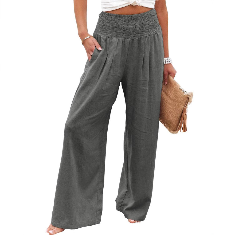 Women's wide-legged linen trousers with elasticated waistband and pleats, size