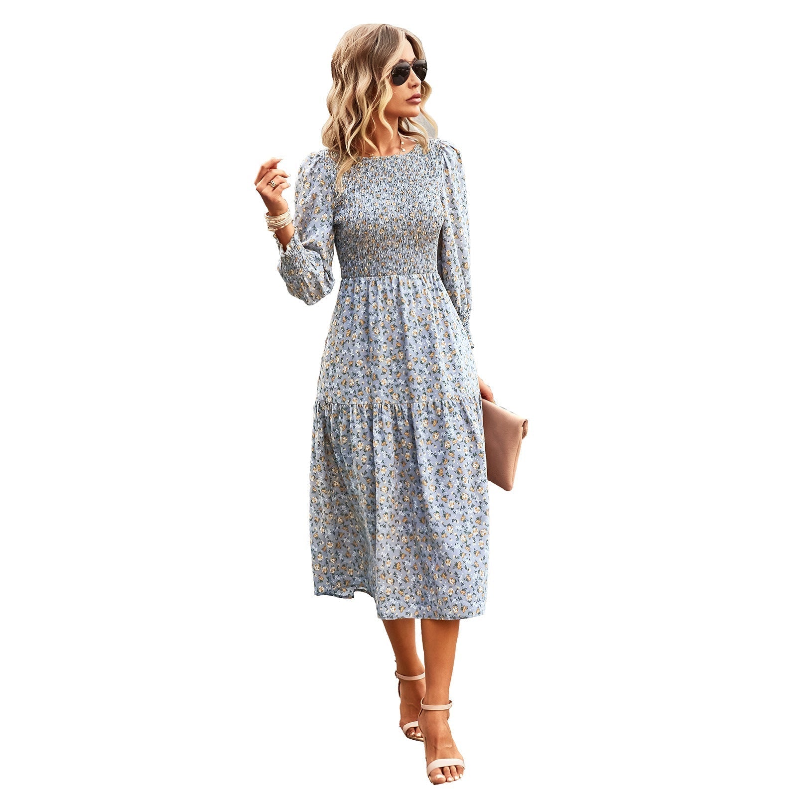 Florales Midikleid für Damen mit Raffung in der Taille und langen Ärmeln, Größe