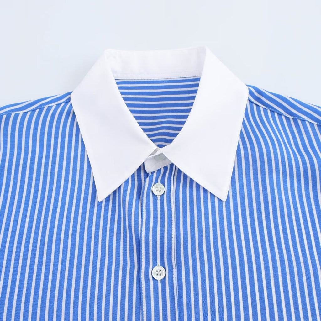 Valenzora | Fashionable Blue and White Striped Lapel Versatile Blouse