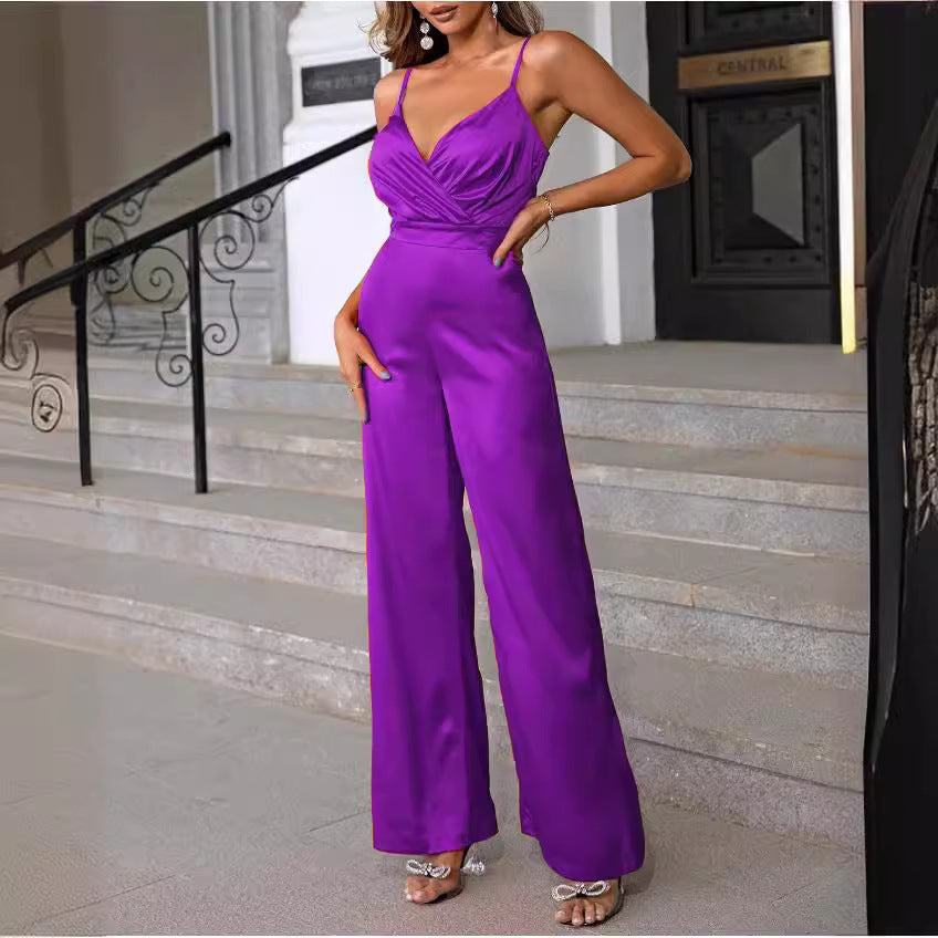Women's elegant jumpsuit with wrap top and long, straight legs, size [size]