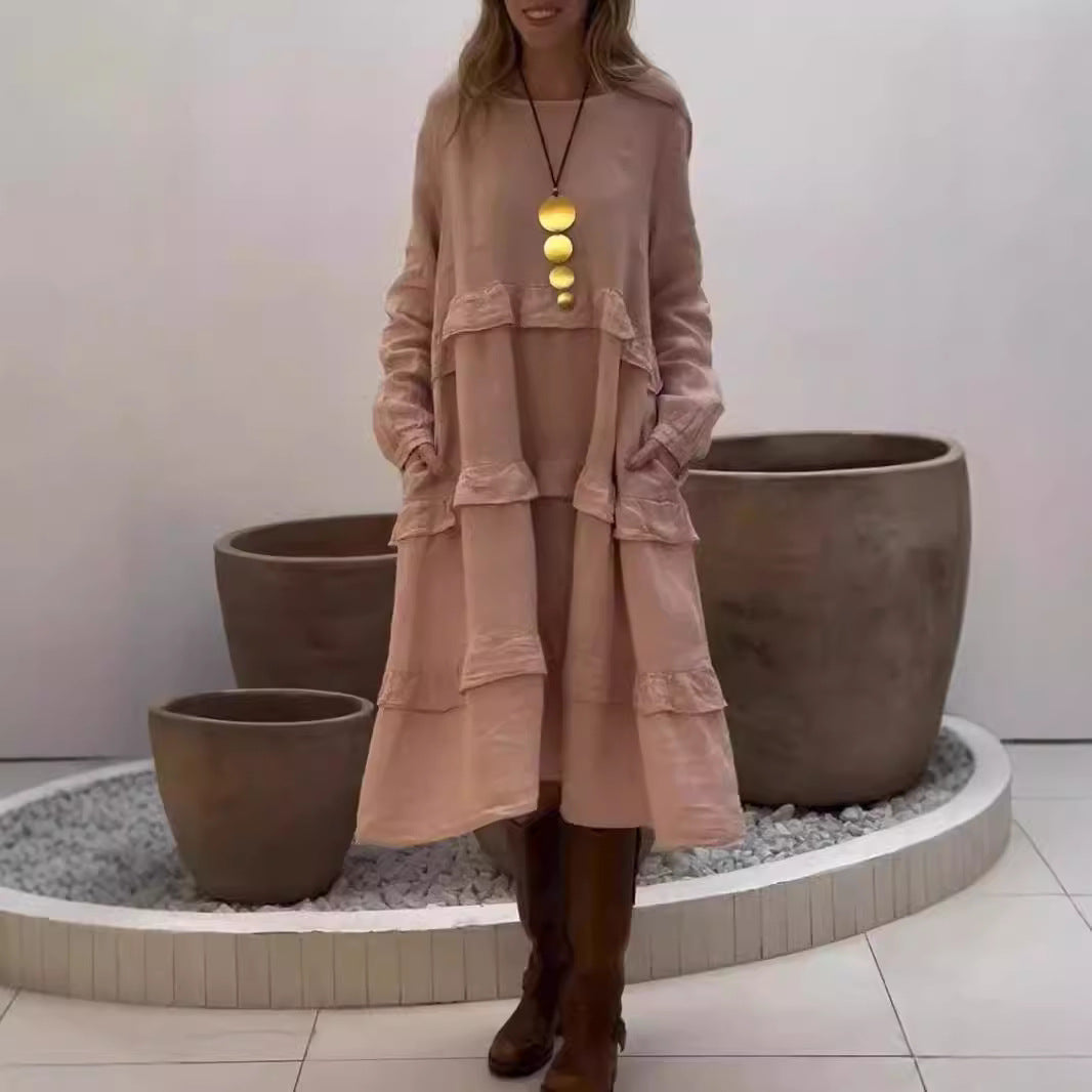 Valenzora | Ruffled round neck long-sleeved dress