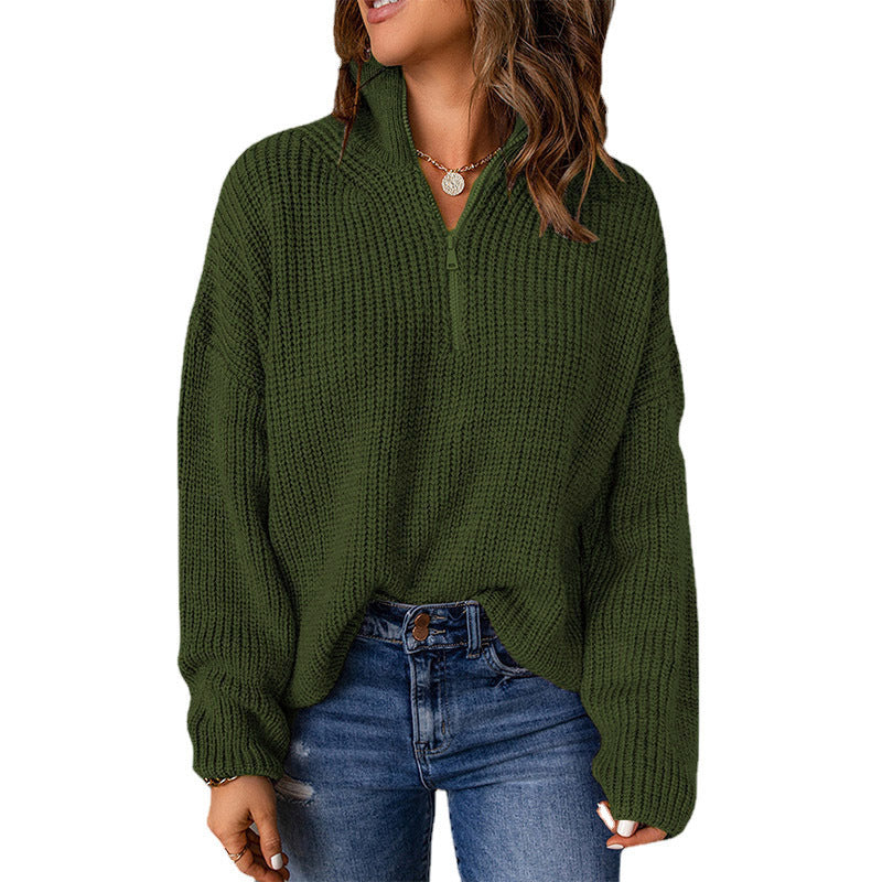 Women's chunky knit sweater with stand-up collar and zipper, size