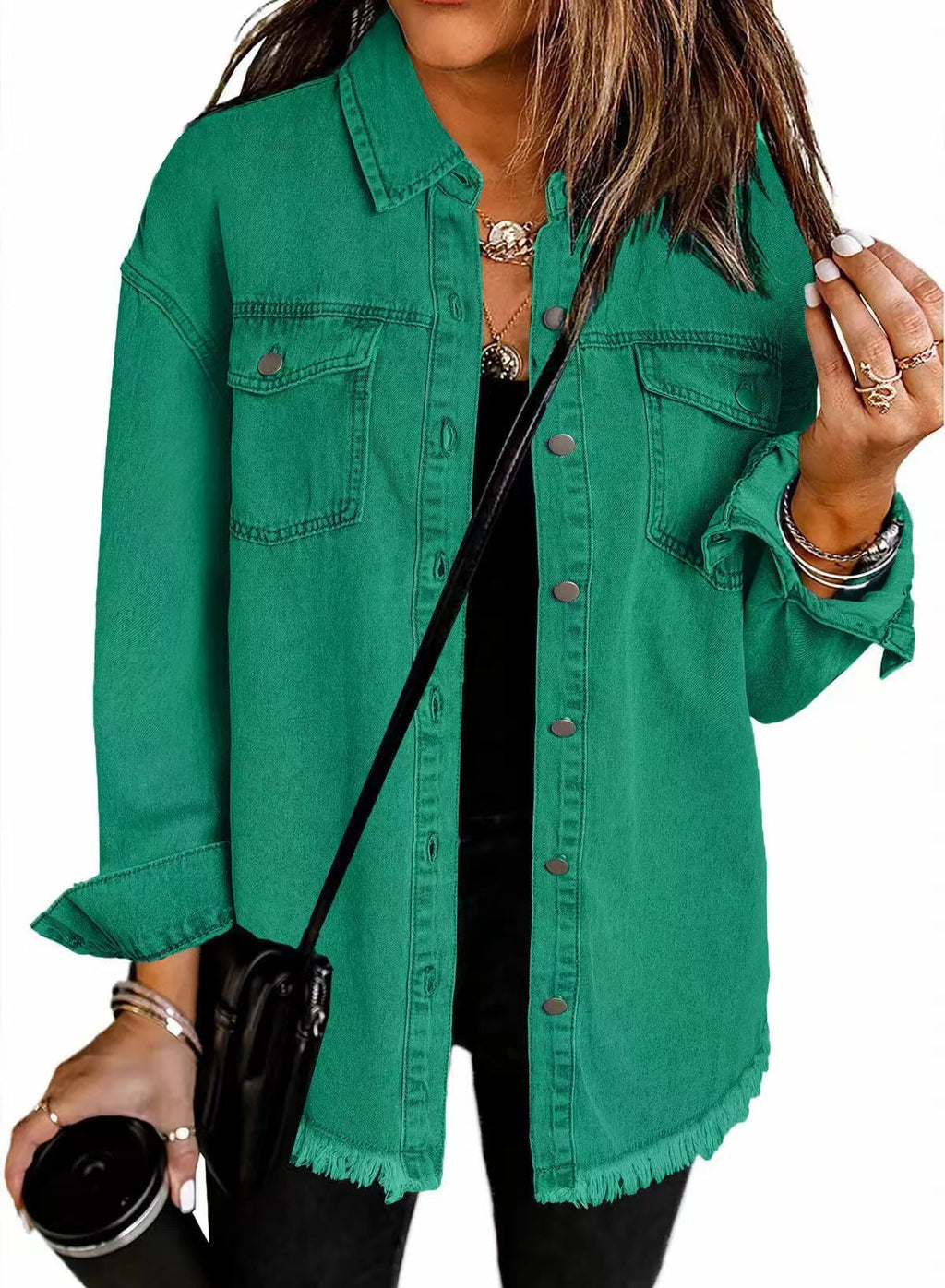 Women's Oversized Denim Shirt with Fringes, Size