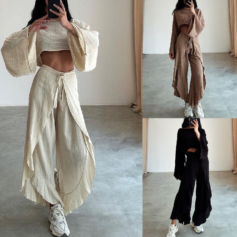 Women's Casual Two-Piece Set with Oversized Top and Wide-Leg Trousers, Size