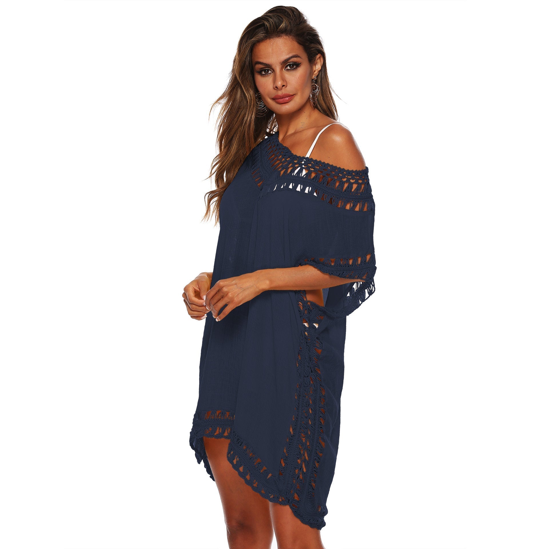 Women's beach tunic with artistic crochet embellishments, size Valenzora