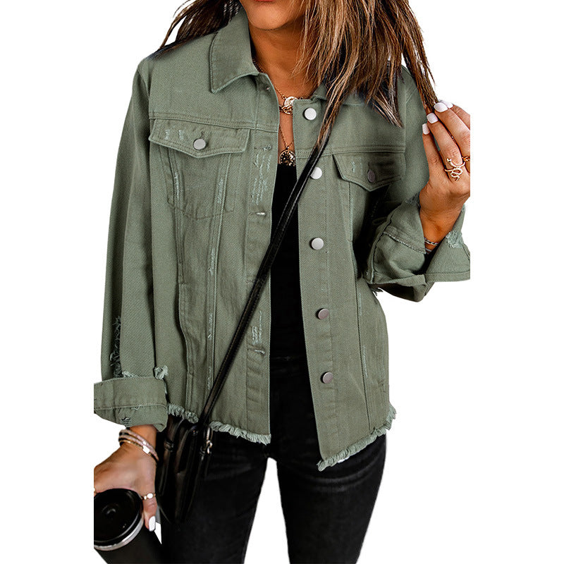 Women's denim jacket with a relaxed fit and functional pockets, size