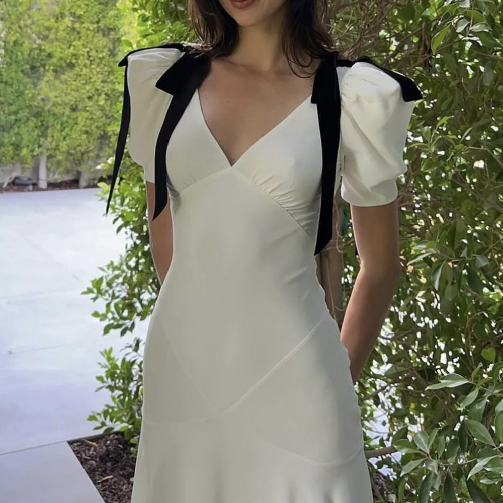 Valenzora | Soft White Deep V Bow Puff Sleeves Slim Dress