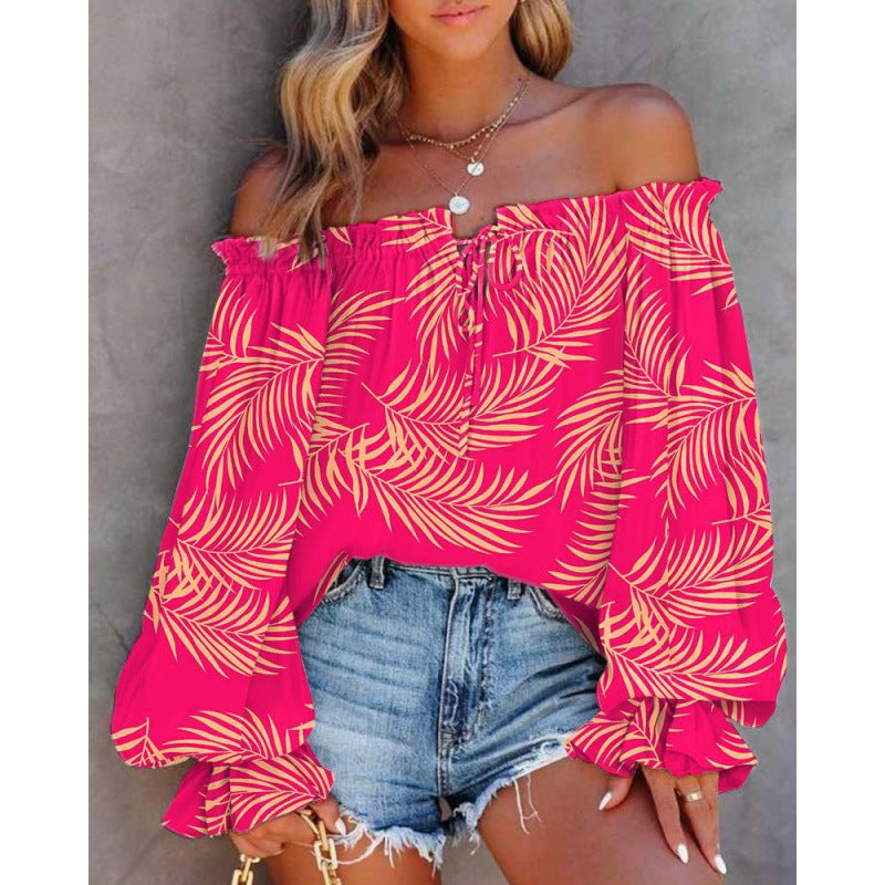 Women's off-the-shoulder blouse with colorful pattern and elastic hem, size [size missing]