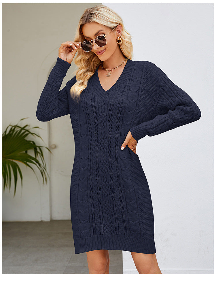 Valenzora | Solid color V-neck twirl knit dress