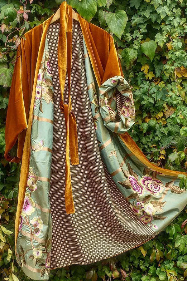 Valenzora | Satin Digital Floral Waist Belt Cardigan Pajamas
