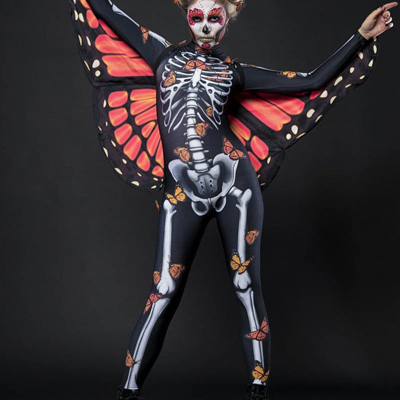 Damen-Bodysuit mit Skelettmuster und Schmetterlingsflügeln, Größe
