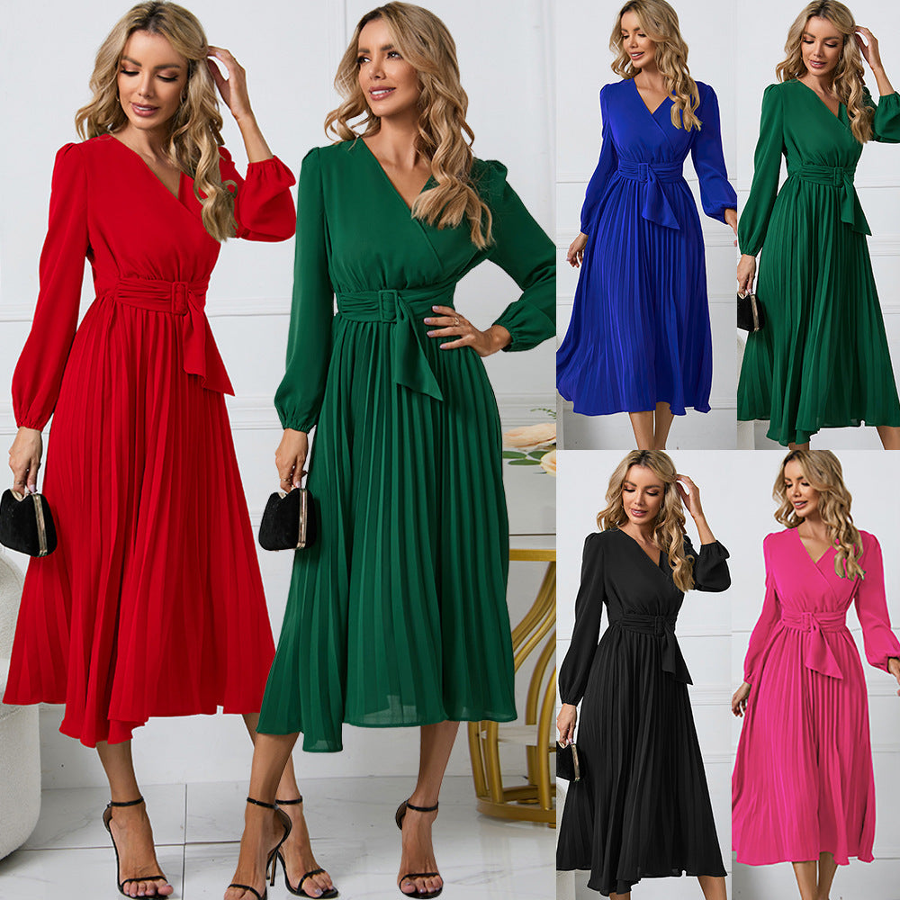 Damen Wickelkleid mit Plisseefalten und elegantem Taillengürtel, Größe