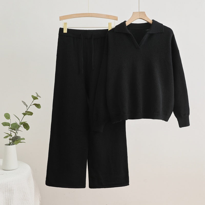 Valenzora | Lapel collar top and drawstring wide-leg trousers set