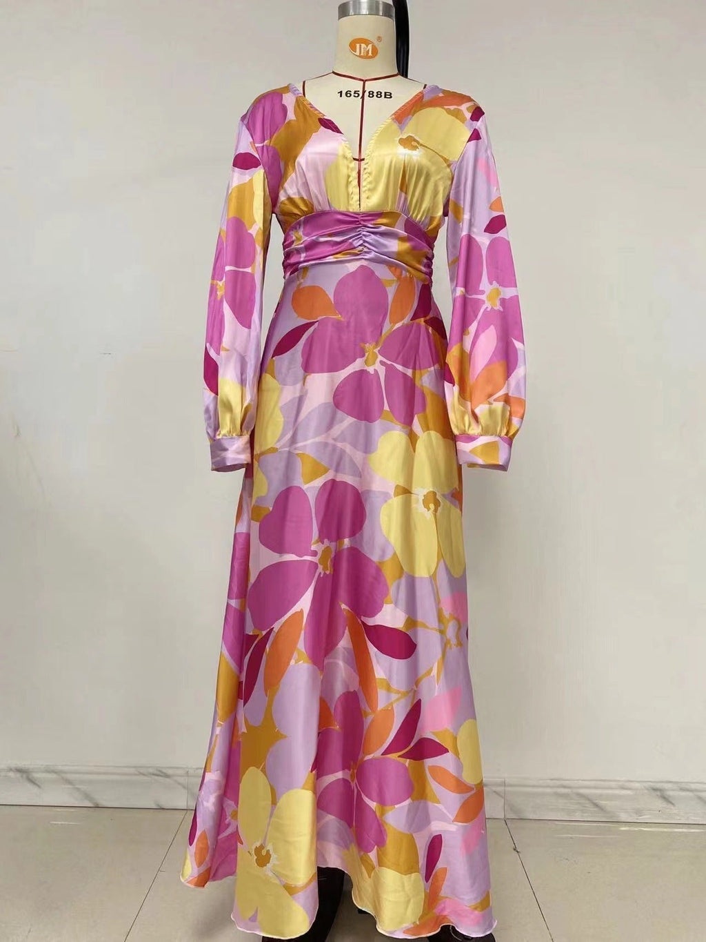 Women's Elegant Maxi Jumpsuit with Floral Patterns and Deep V-Neck Size