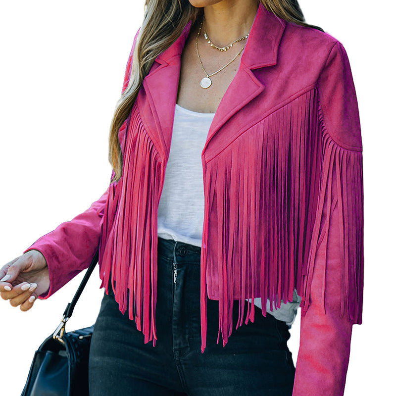 Women's fringed jacket made of high-quality suede blend, size Valenzora