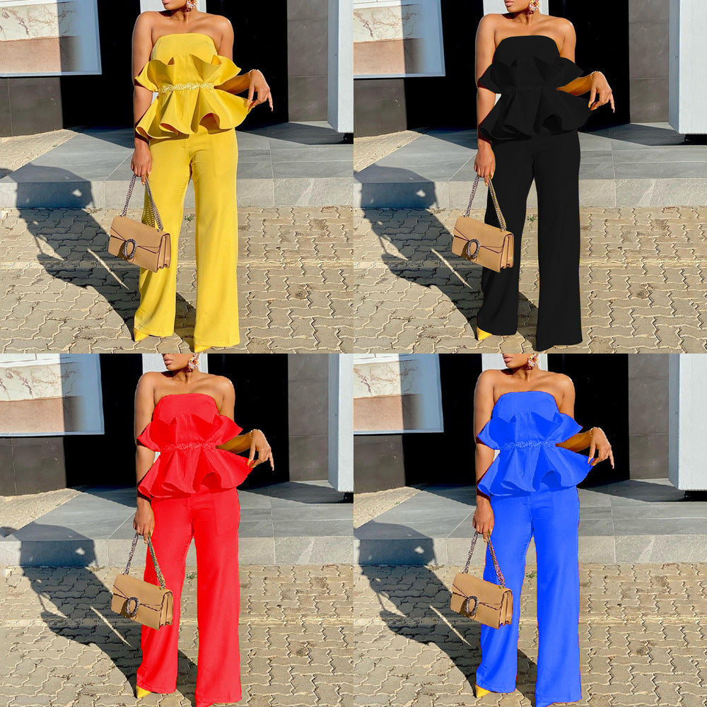 Women's jumpsuit with voluminous ruffle design and off-the-shoulder top, size