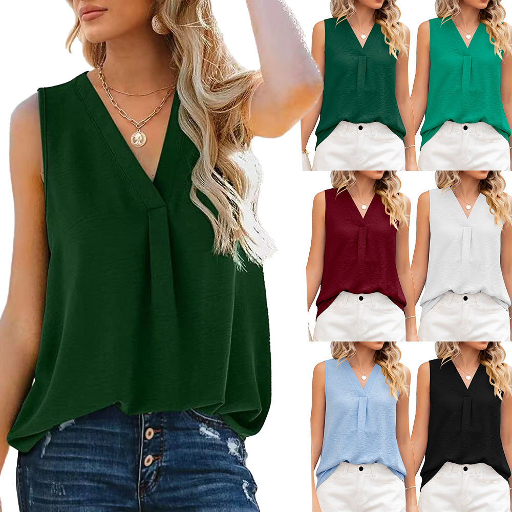 Women's sleeveless blouse with elegant V-neck and decorative pleats, size S