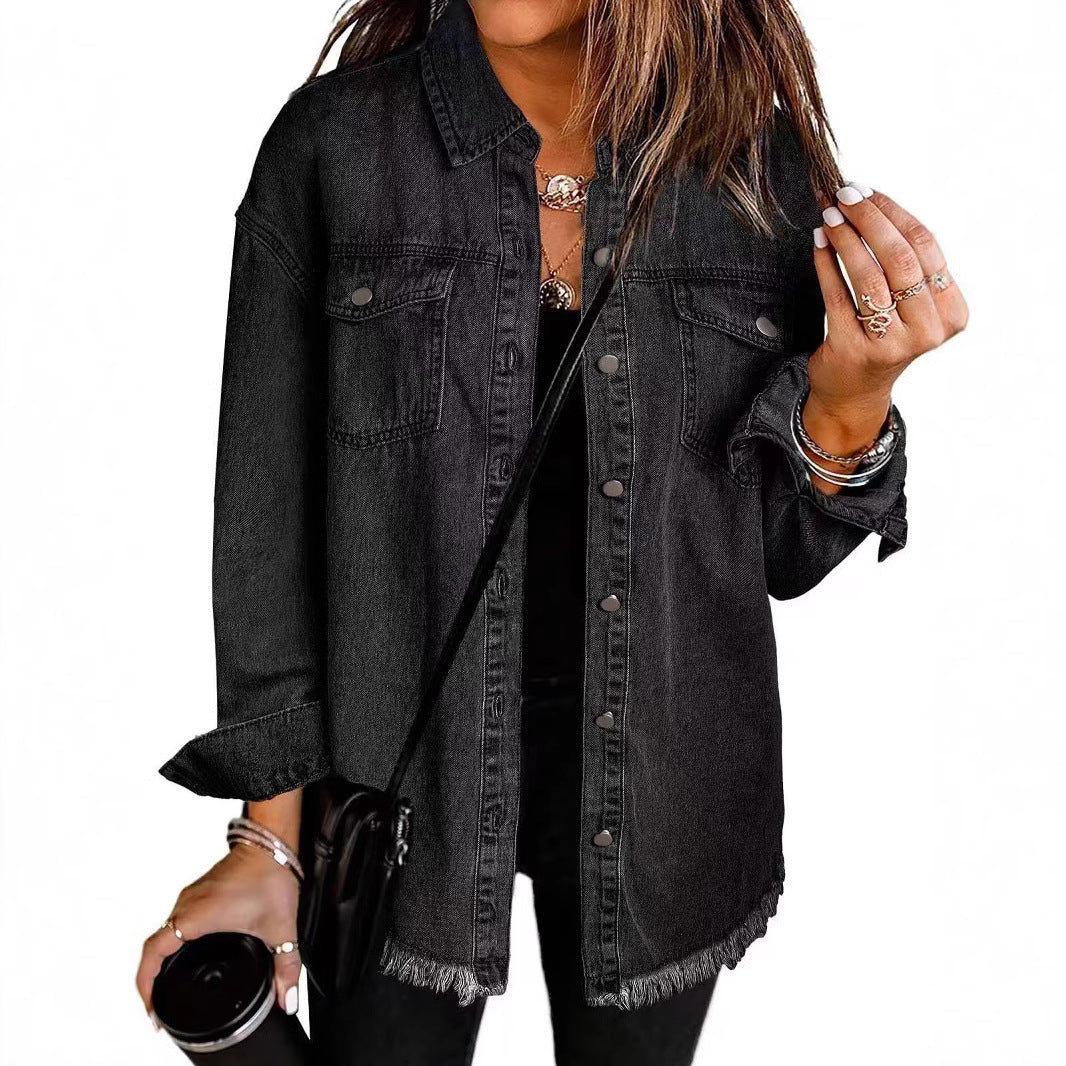 Women's Oversized Denim Shirt with Fringes, Size