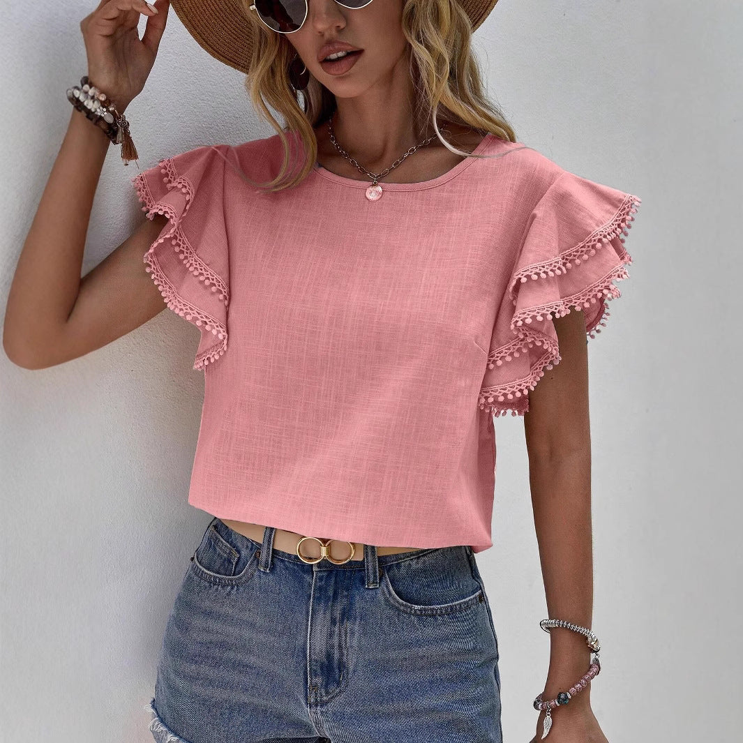 Women's lightweight top with playful ruffles and decorative hem, size [size]