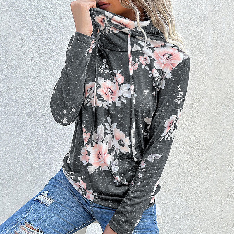 Women's blouse with floral design and modern hoodie neckline, size