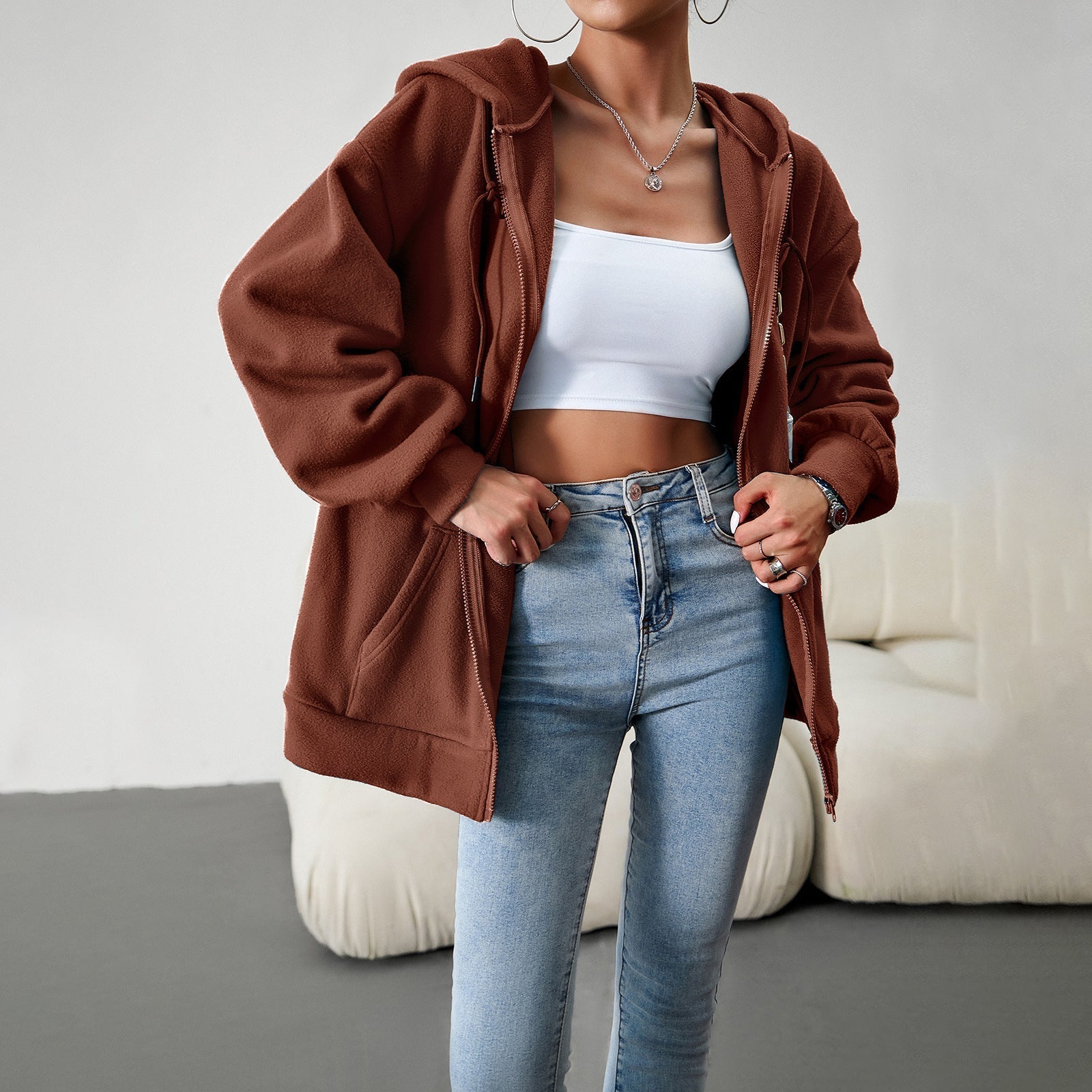 Damen-Fleecejacke mit praktischen Taschen und verstellbarer Kapuze, Größe S