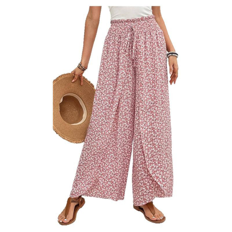 Women's wide-leg summer trousers with floral pattern and elasticated waistband, size