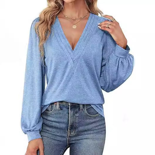 Bequemes Damen-Shirt mit V-Ausschnitt und langen Ärmeln, Größe
