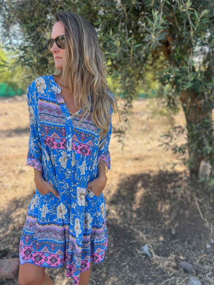 Women's Boho Chic Dress with Floral Patterns and Button Placket Drune