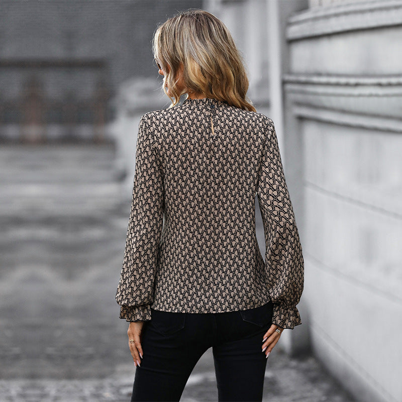 Women's blouse with elegant wrap design and decorative ruffle details, size
