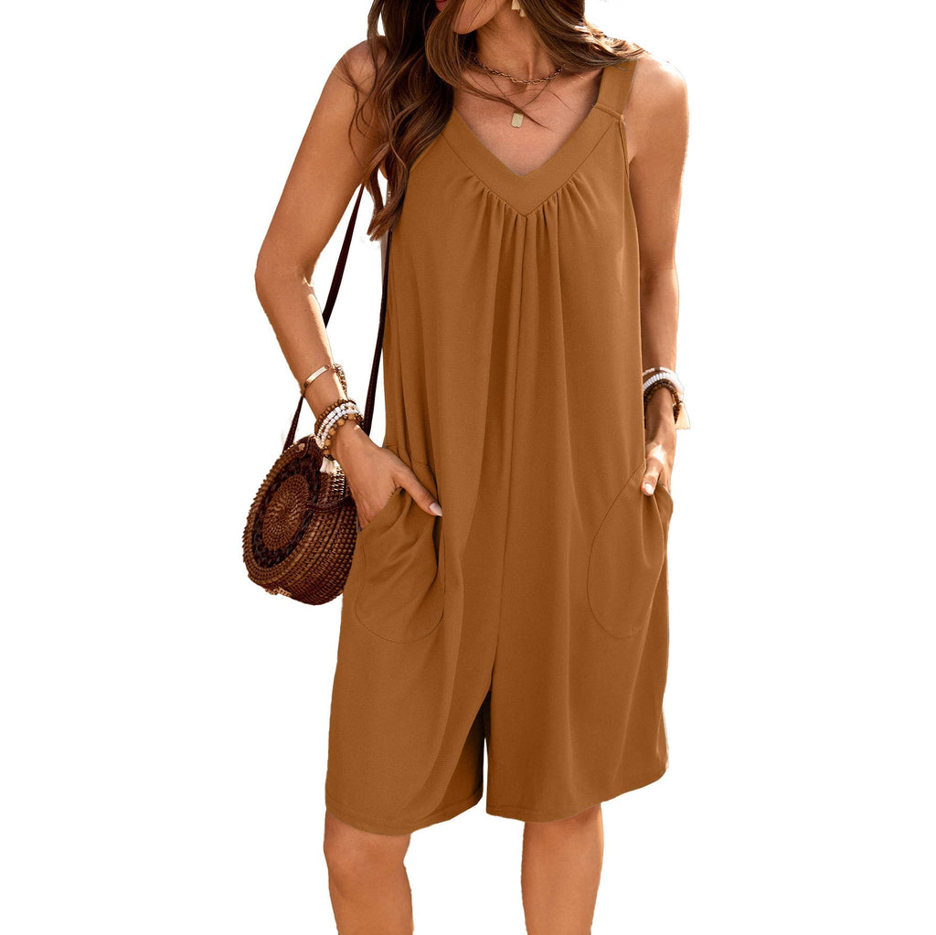 Women's sleeveless jumpsuit with deep V-neck and practical pockets, size S