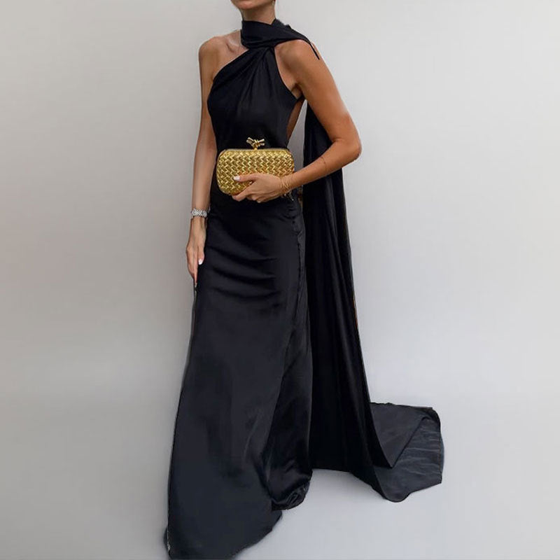 Women's elegant evening dress with asymmetrical design and soft cape, size S