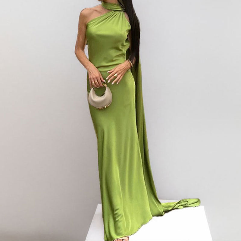 Women's elegant evening dress with asymmetrical design and soft cape, size S