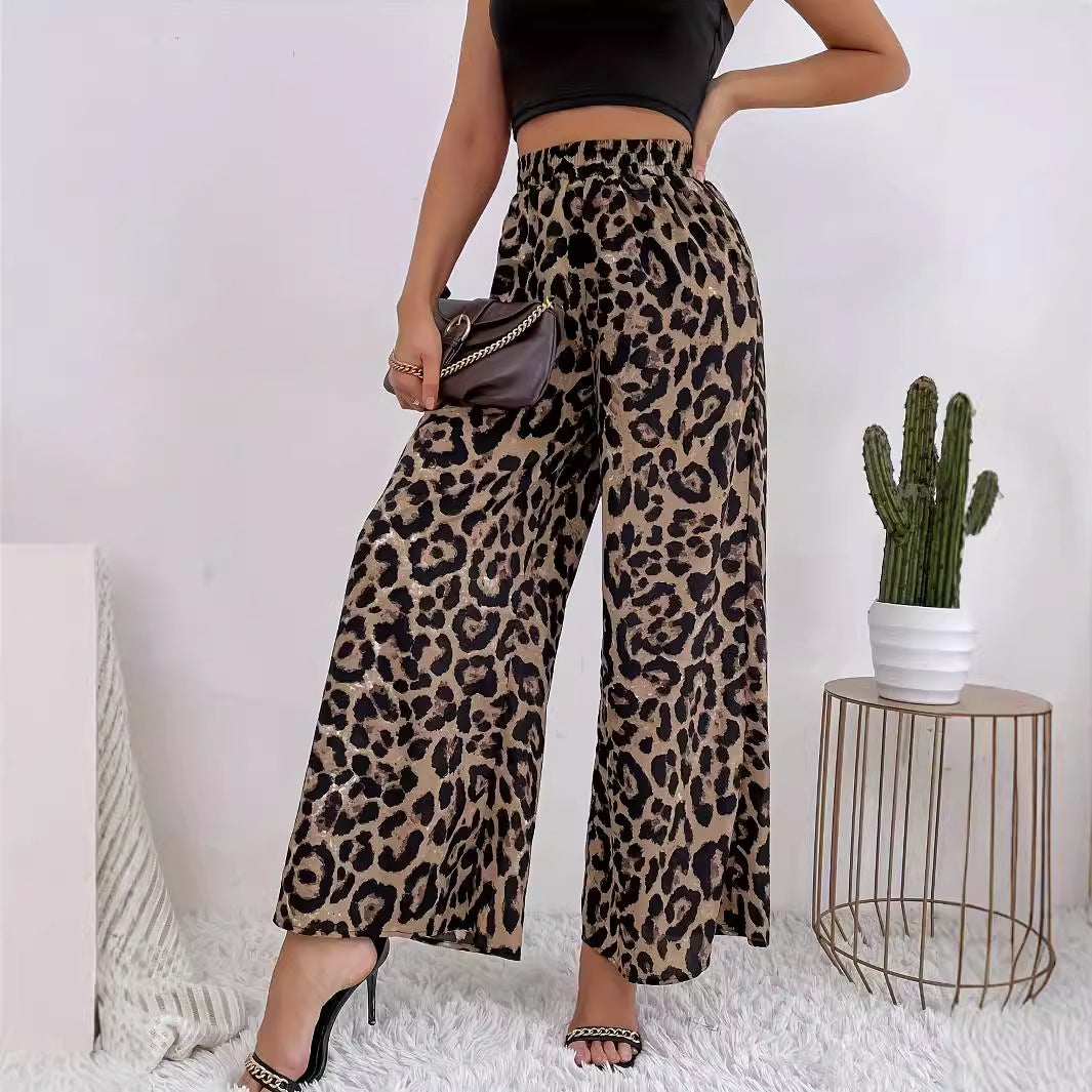 Damenhose mit weitem Bein im Leopardenmuster aus fließendem Material mit elastischem Bund, Größe S