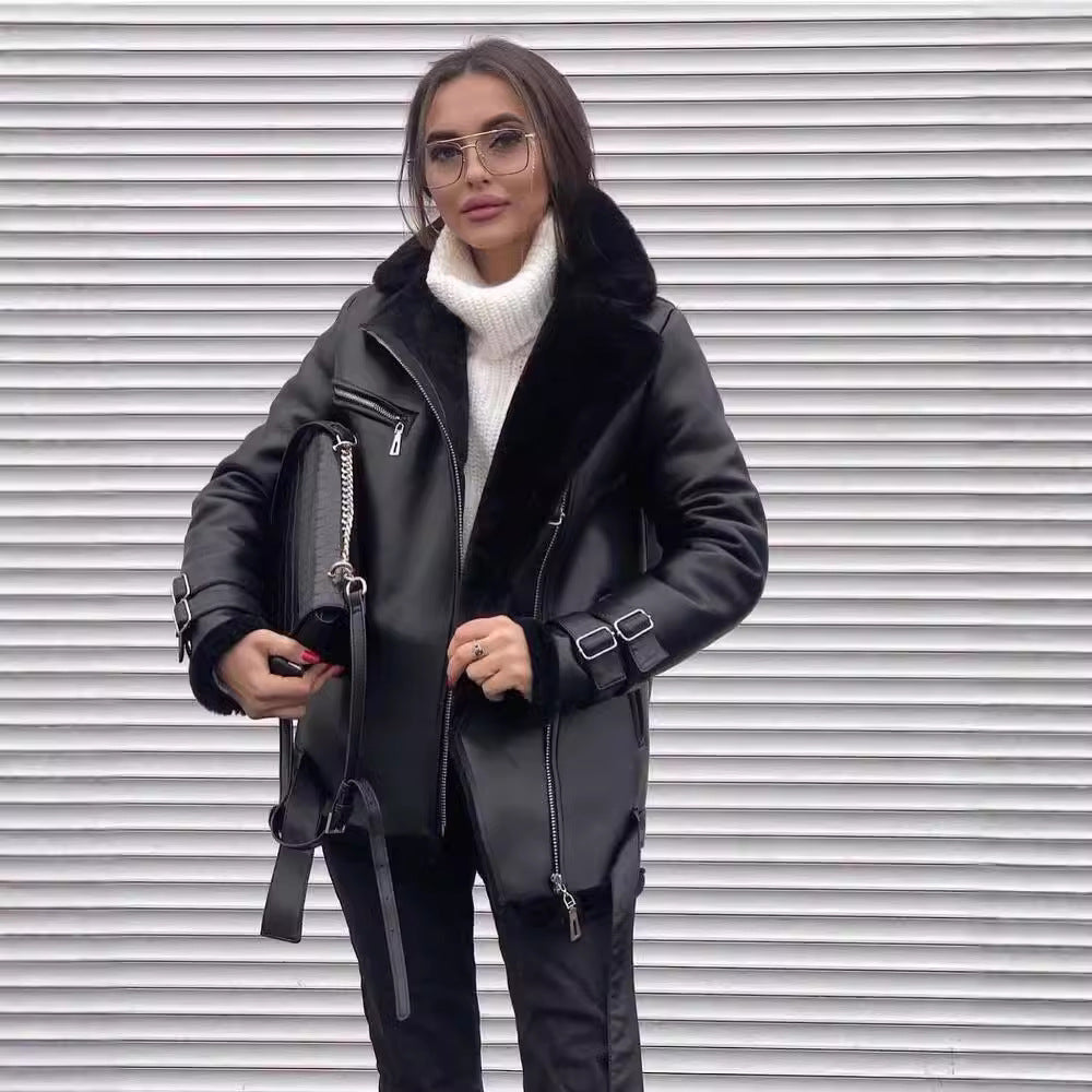 Women's leather jacket with cozy lining, size