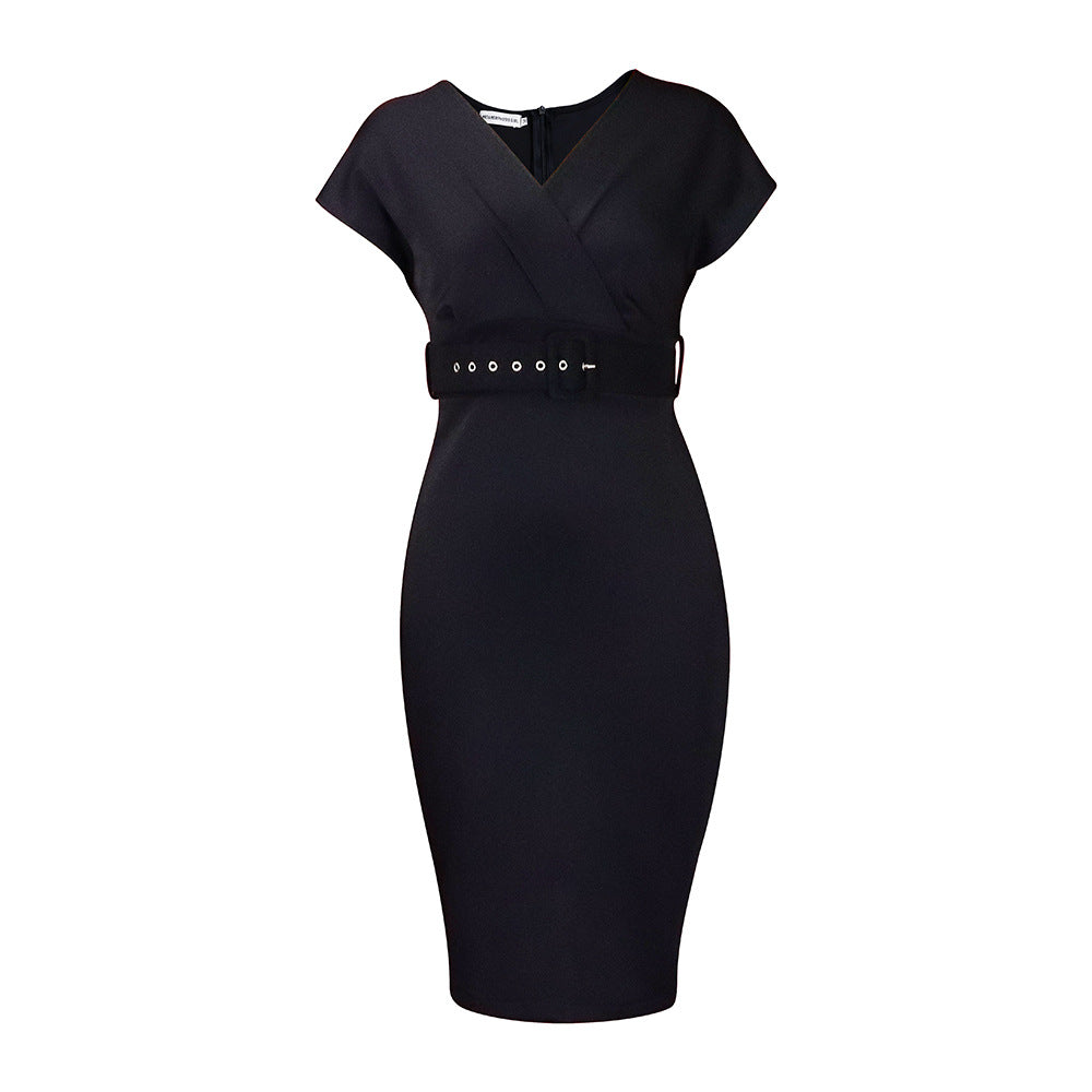 Valenzora | Women's V-neck fitted midi dress with belt