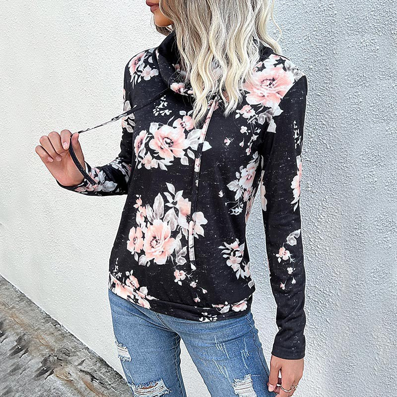 Women's blouse with floral design and modern hoodie neckline, size