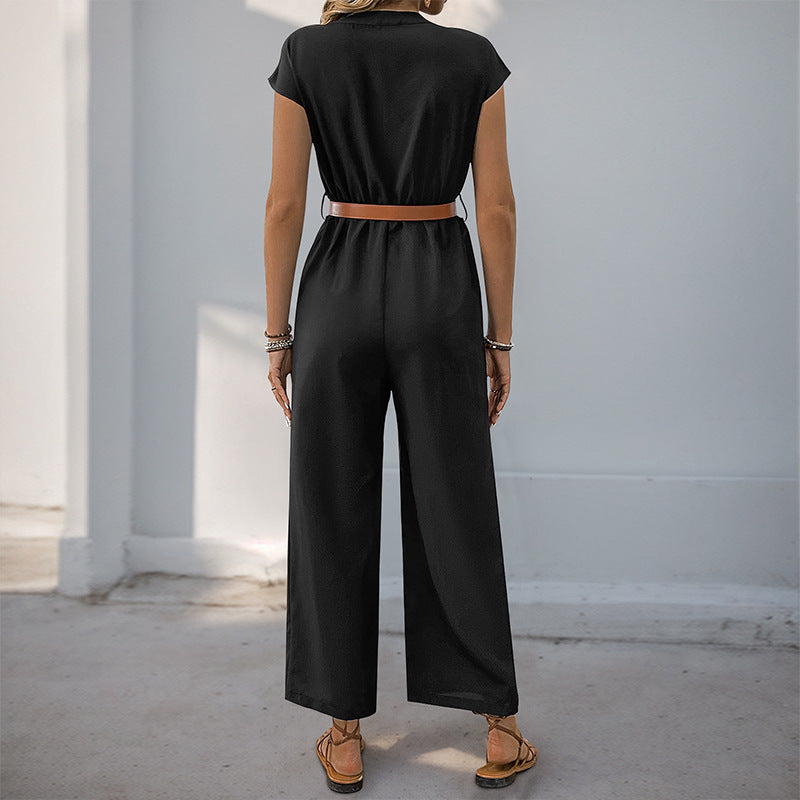 Damen-Jumpsuit mit elegantem Taillengürtel und modernem V-Ausschnitt, Größe