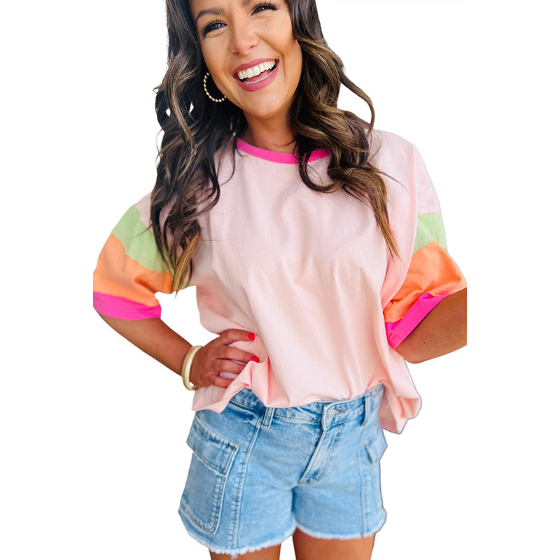 Damen-Freizeit-T-Shirt mit bunten Ärmeln, Größe