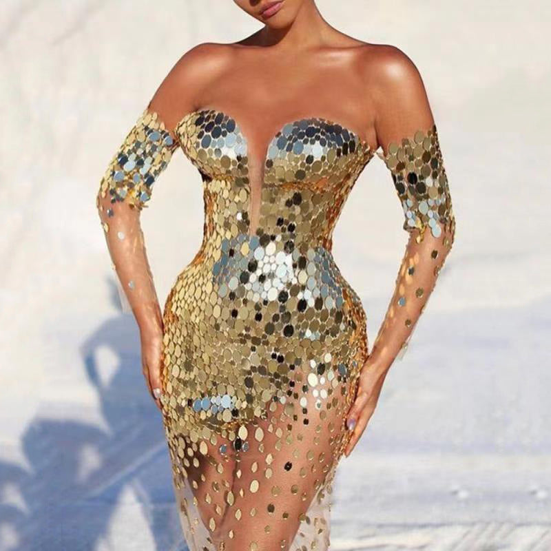 Women's glamorous party dress with sequins and deep neckline, size [size missing]